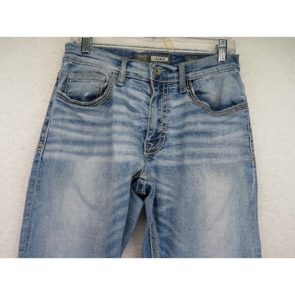 BKE Jake Jeans Mens 30L Light Wash Bootcut Stretch Whiskered Contrast Stitch - Picture 2 of 10